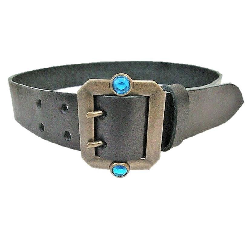 栃木レザー スタッズ付き 八角ダブルピンバックルベルト 黒 アクア